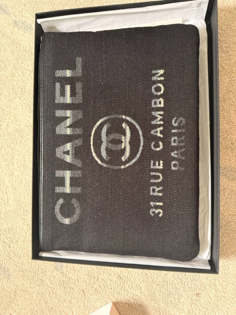 Chanel Striped Canvas Medium Deauville Cosmetic Pouch Grey Black NWT